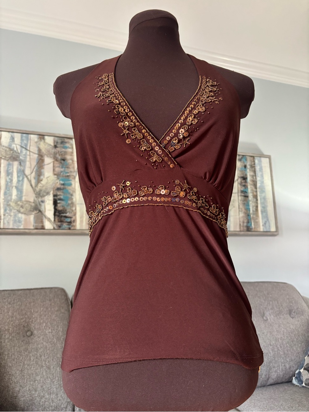 Vintage Brown Halter Tank Top with Gold Embellishment - Picture 4 of 6